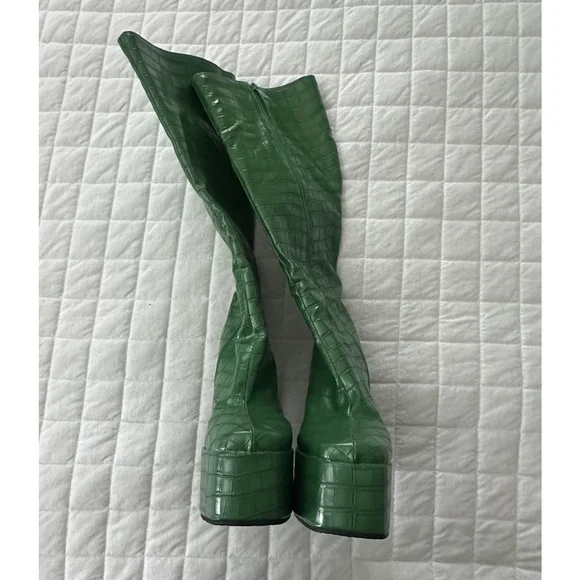 JINGPIN Womens Platform Boots 36 Green Faux Crocodile High Block Heel US 6 Glam - Picture 10 of 16